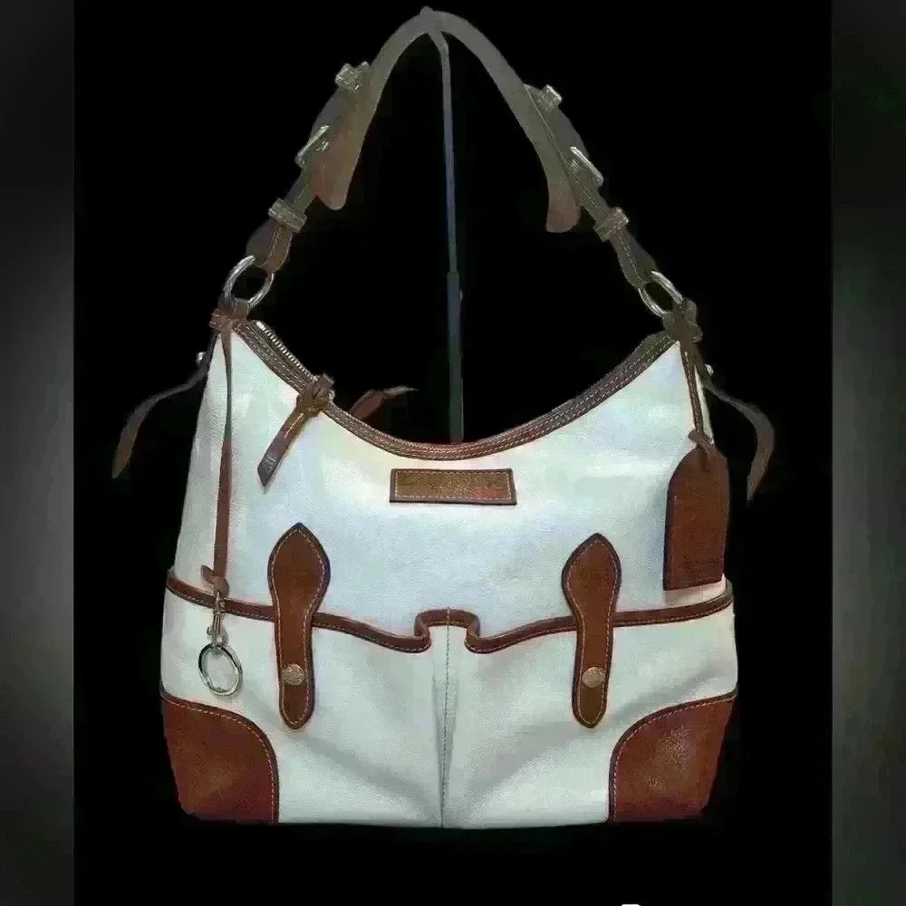 Dooney & Bourke Florentine Leather Large Satchel Cream Brown Bag Pockets